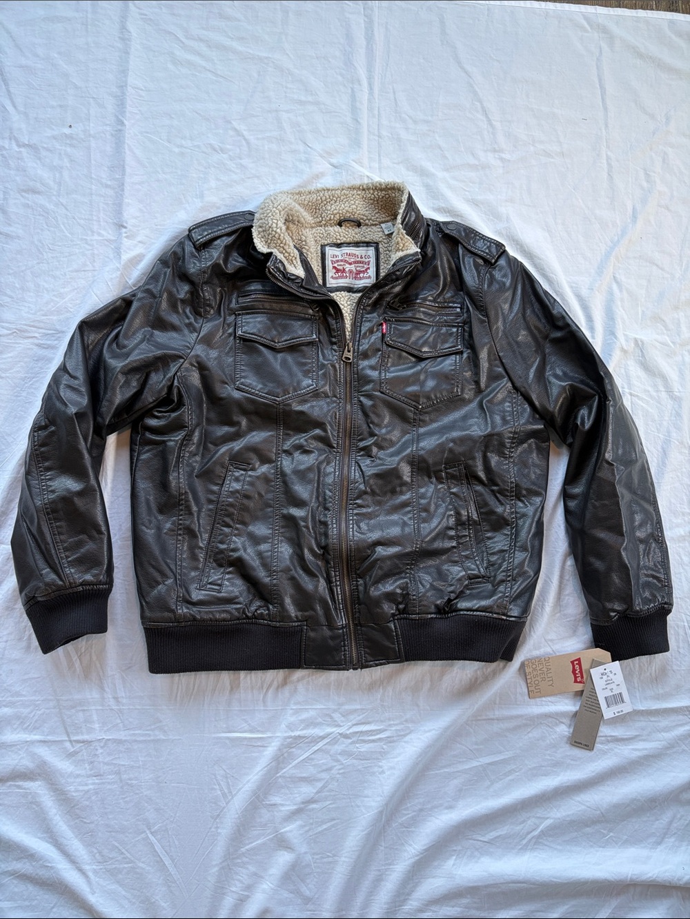 Levi's NWT Faux Leather Sherpa Lined Aviator Bomber Jacket Dark Brown Mens XL